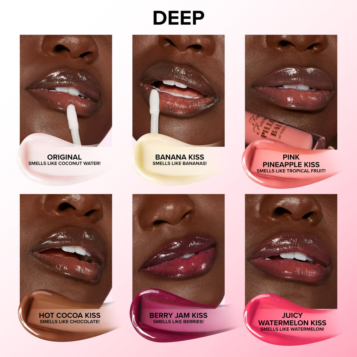 Too Faced Pillow Balm worn on lips in lifestyle shot showing healthy-looking sheen and softness