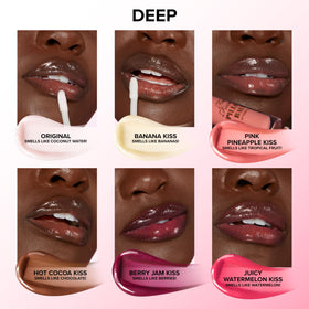 Too Faced Pillow Balm worn on lips in lifestyle shot showing healthy-looking sheen and softness