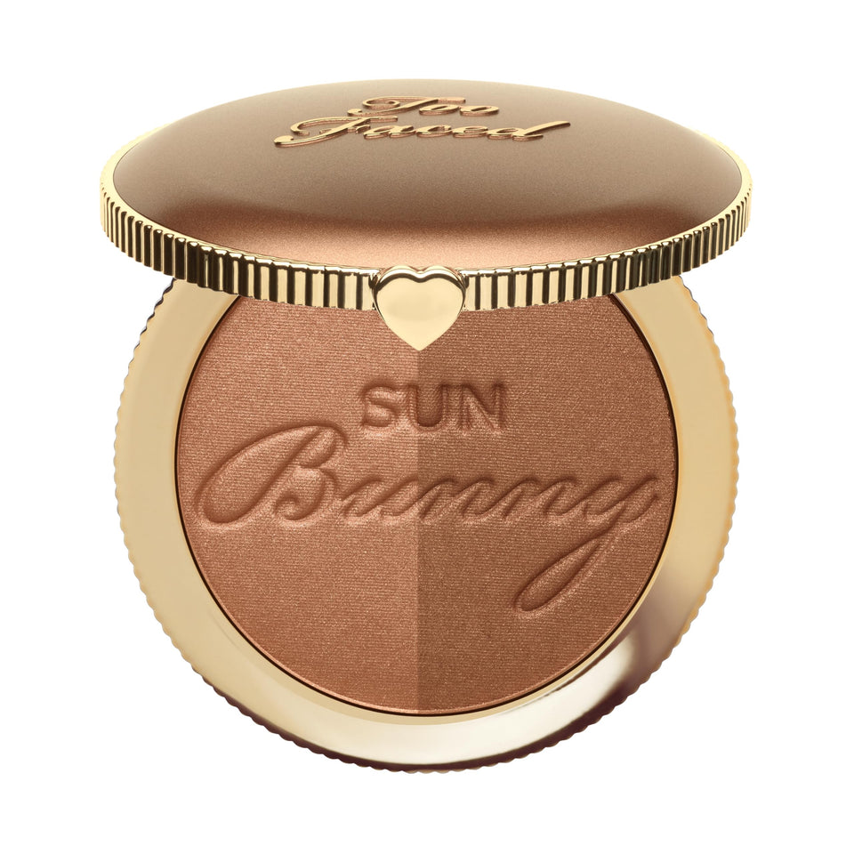 Too Faced Sun Bunny front compact showing dual shades and compact design benefit: easy layering