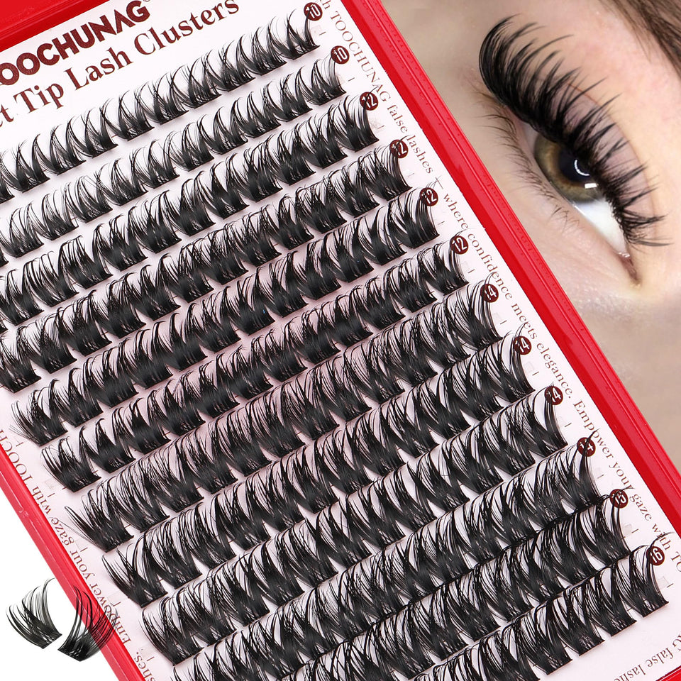 TOOCHUNAG front packaging showing 144pcs cluster lashes and benefits