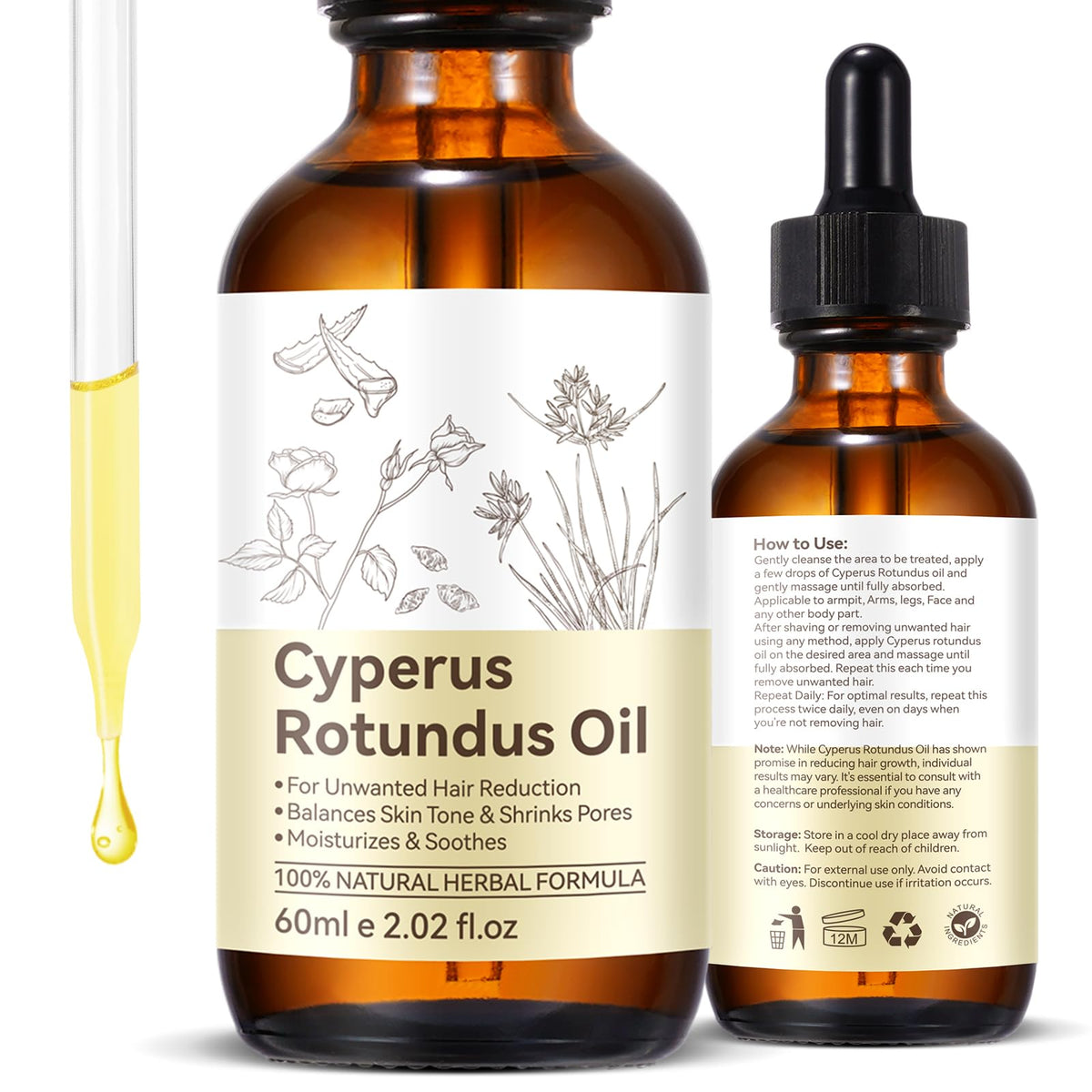 Tooffi bottle front packaging showing natural cyperus oil, promotes gentle hair reduction