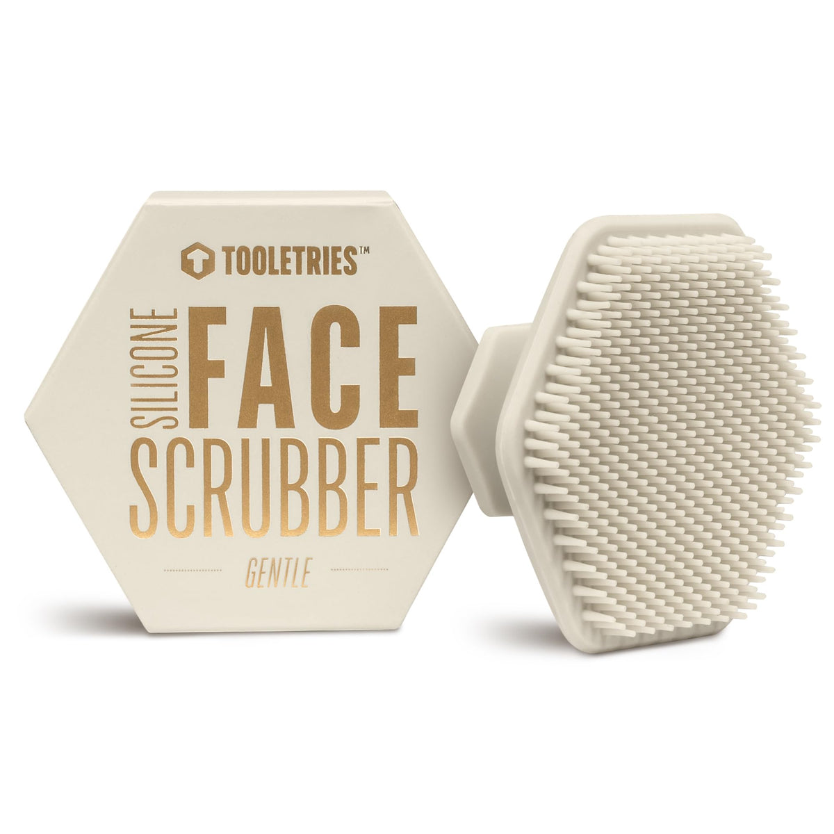TOOLETRIES front view showing sand scrubber for gentle facial cleansing