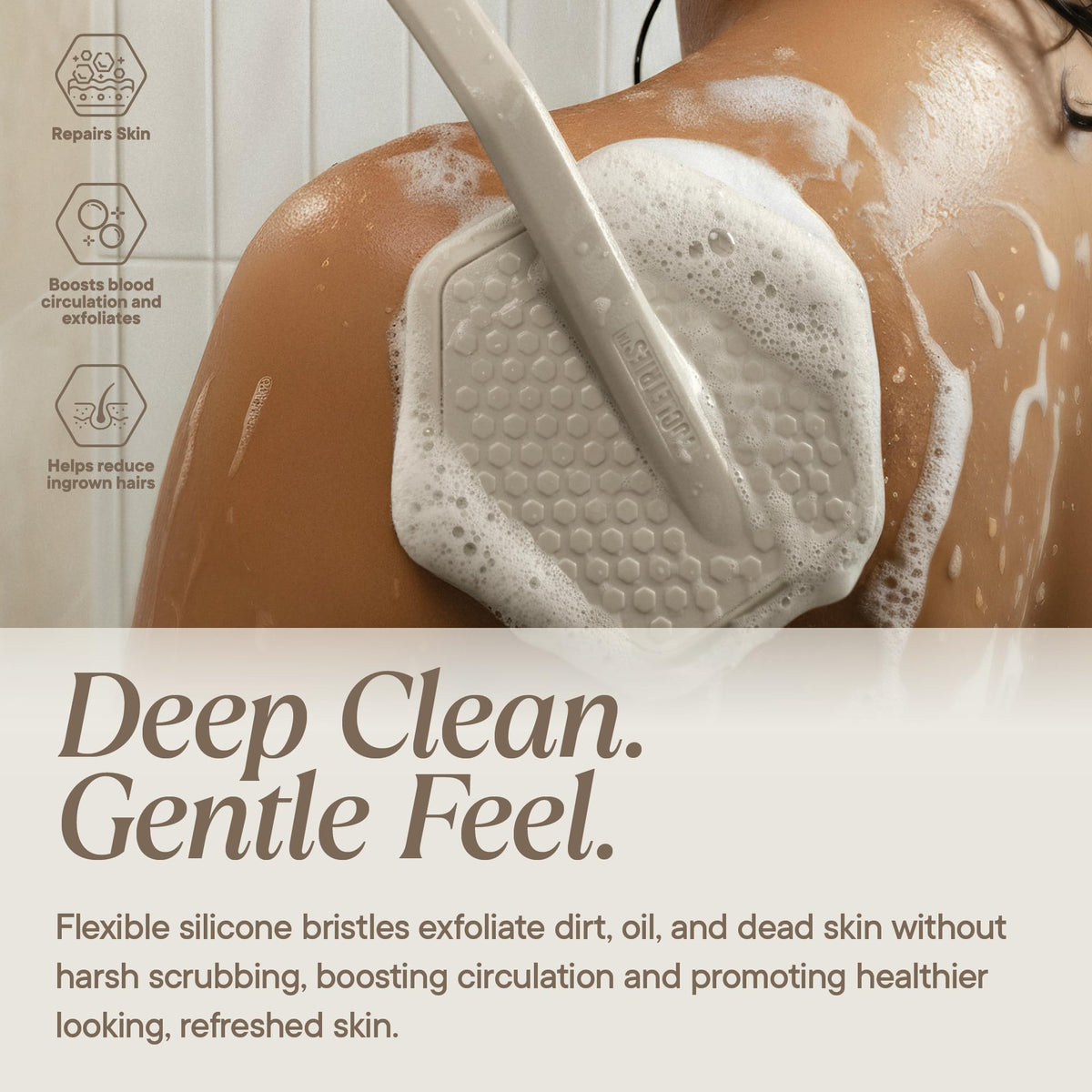 TOOLETRIES scrubber in shower use reaching mid-back for easier cleaning benefit