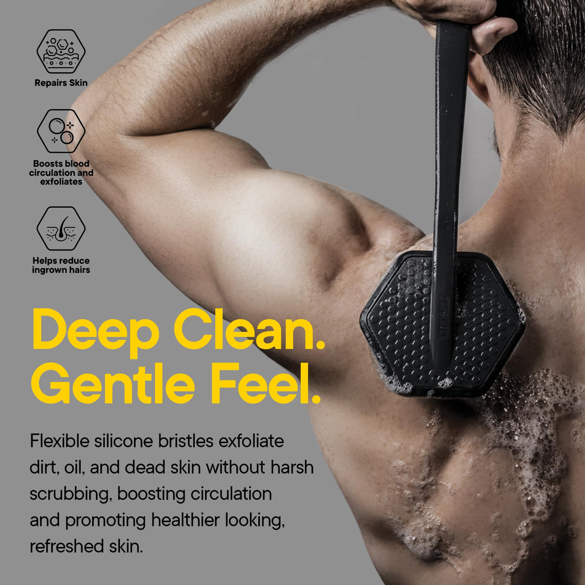 TOOLETRIES creating rich lather on bristles demonstrating improved cleansing with body wash
