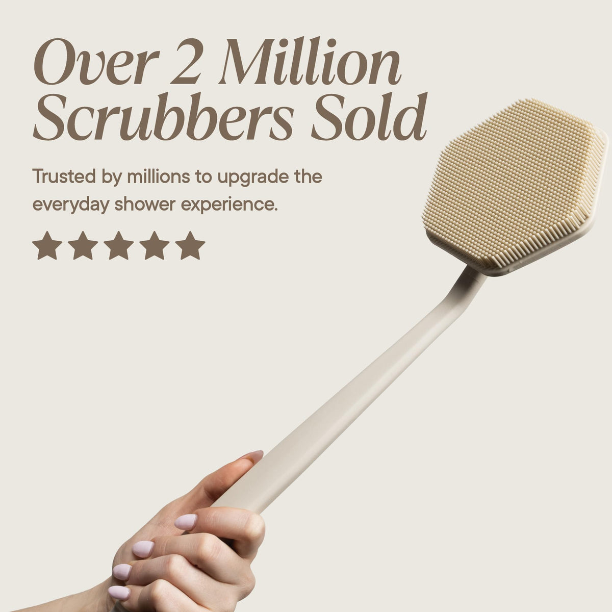 TOOLETRIES sand-colored scrubber in bathroom lifestyle setting for aesthetic appeal benefit