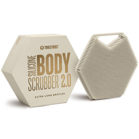 TOOLETRIES front view of silicone body scrubber showing shape and color benefit hygienic design