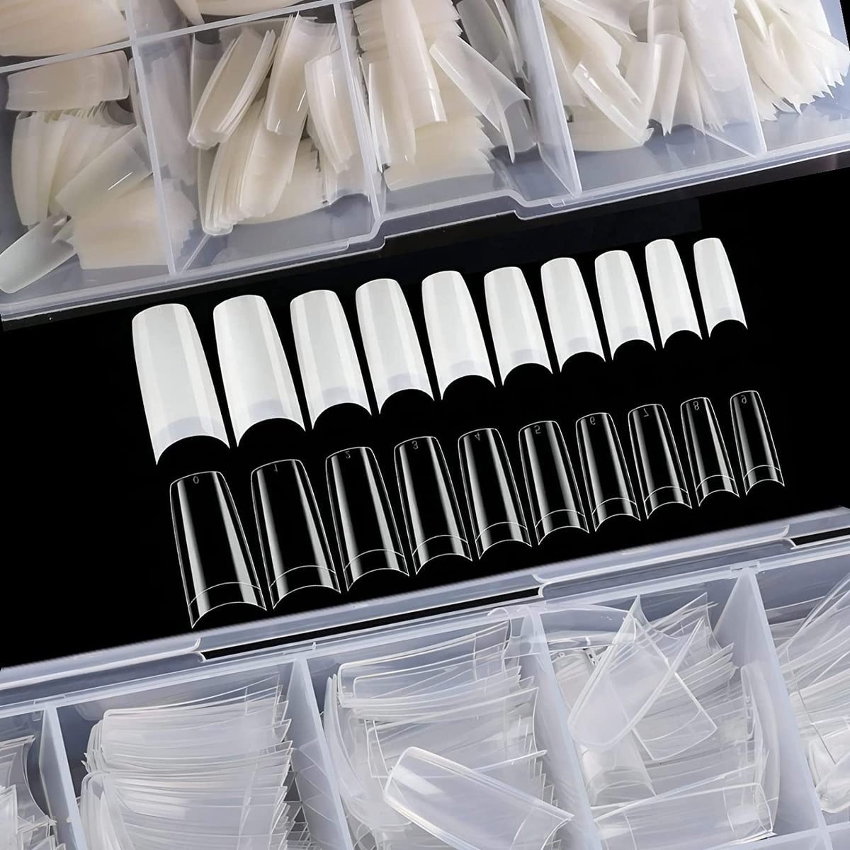 ToouYoun trimmed and filed artificial nails displaying shape options