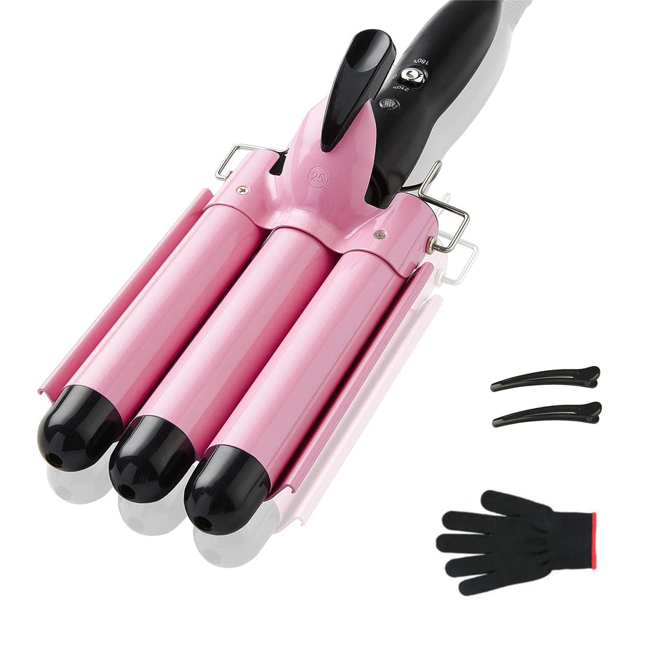 TOP4EVER triple-barrel front view showcasing pink ceramic for quick waves