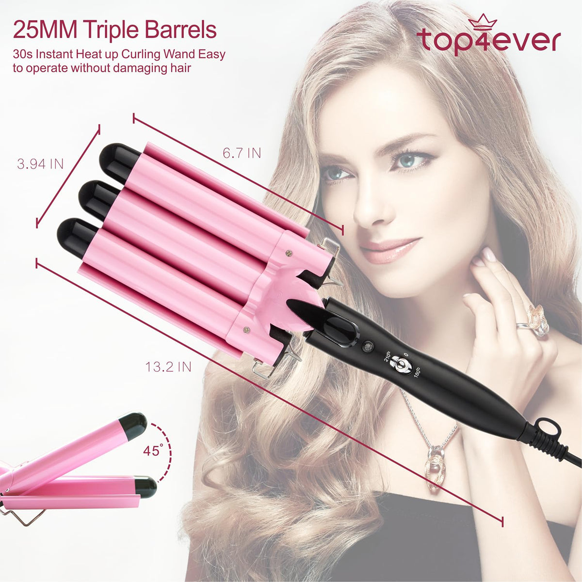 TOP4EVER ceramic barrel close-up showing even heat for frizz control
