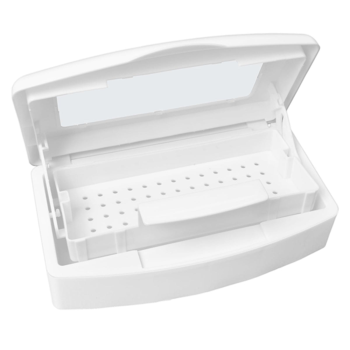 TOPCOMWW sterilizer box front view showing compact design and closed lid for neat storage
