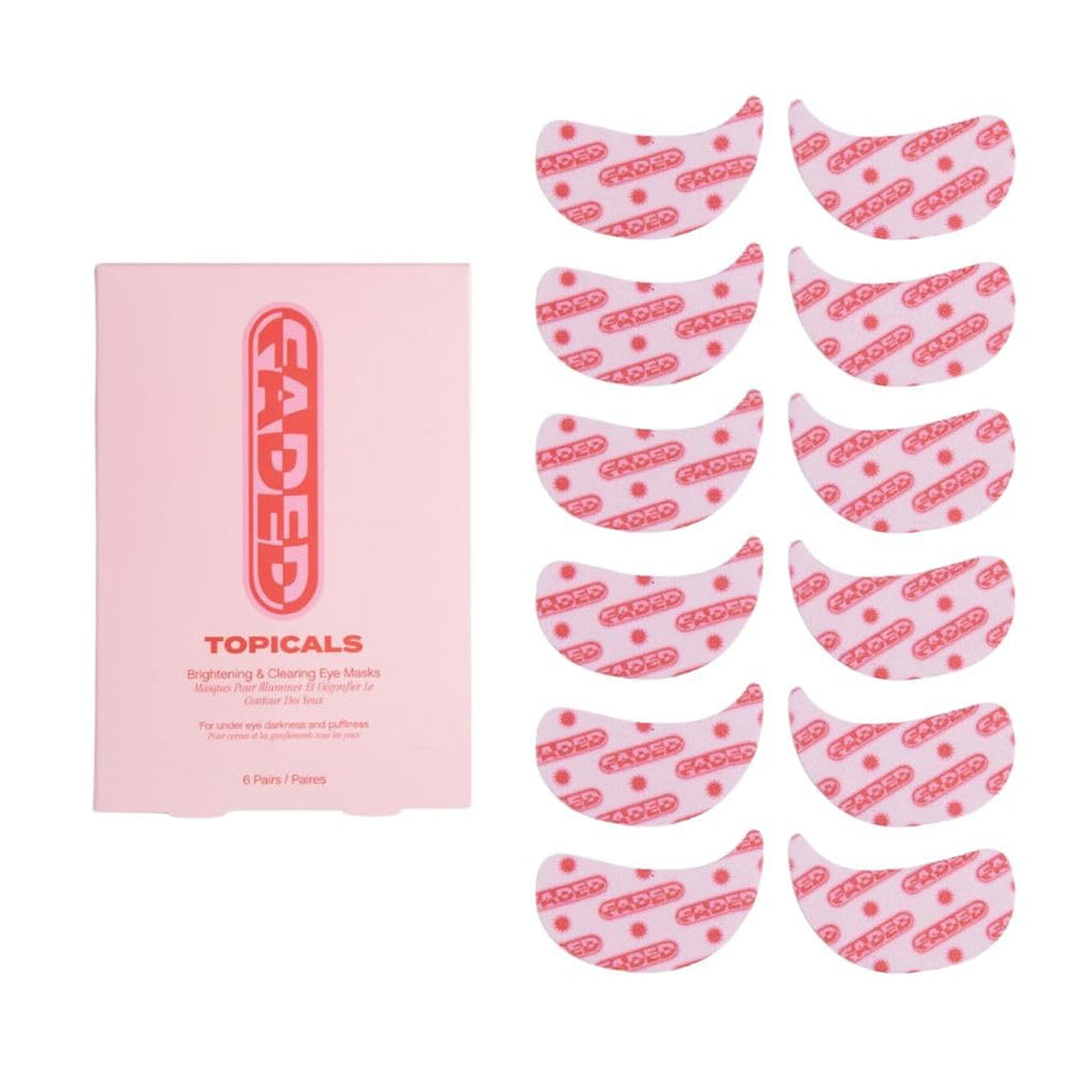 Topicals front packaging showing set of six brightening under eye masks and brand name