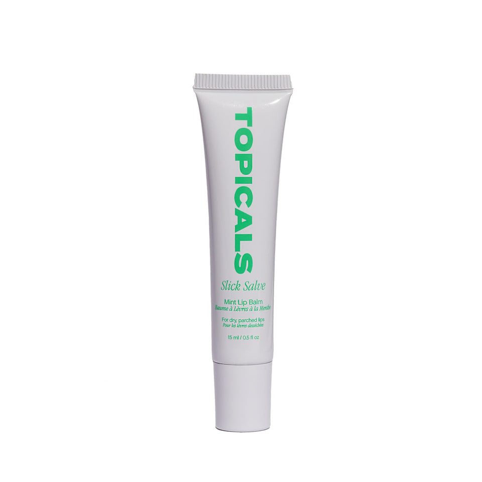 Topicals front tube shot showing compact mint glossy balm and travel-ready design