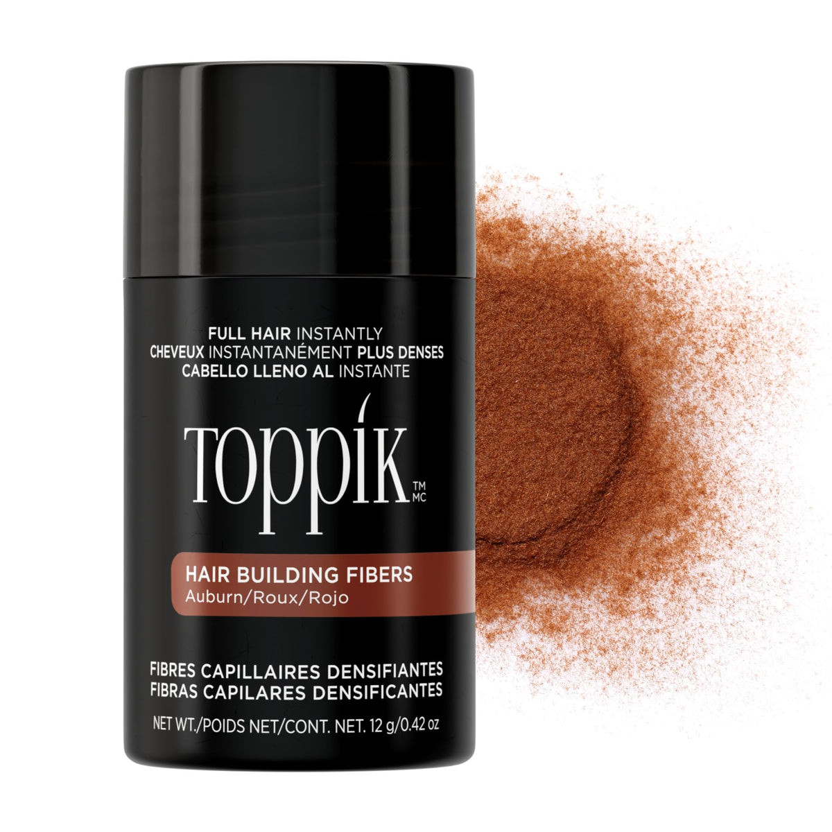 Toppik bottle front view showing auburn fibers and compact packaging benefit