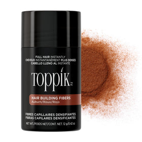 Toppik bottle front view showing auburn fibers and compact packaging benefit