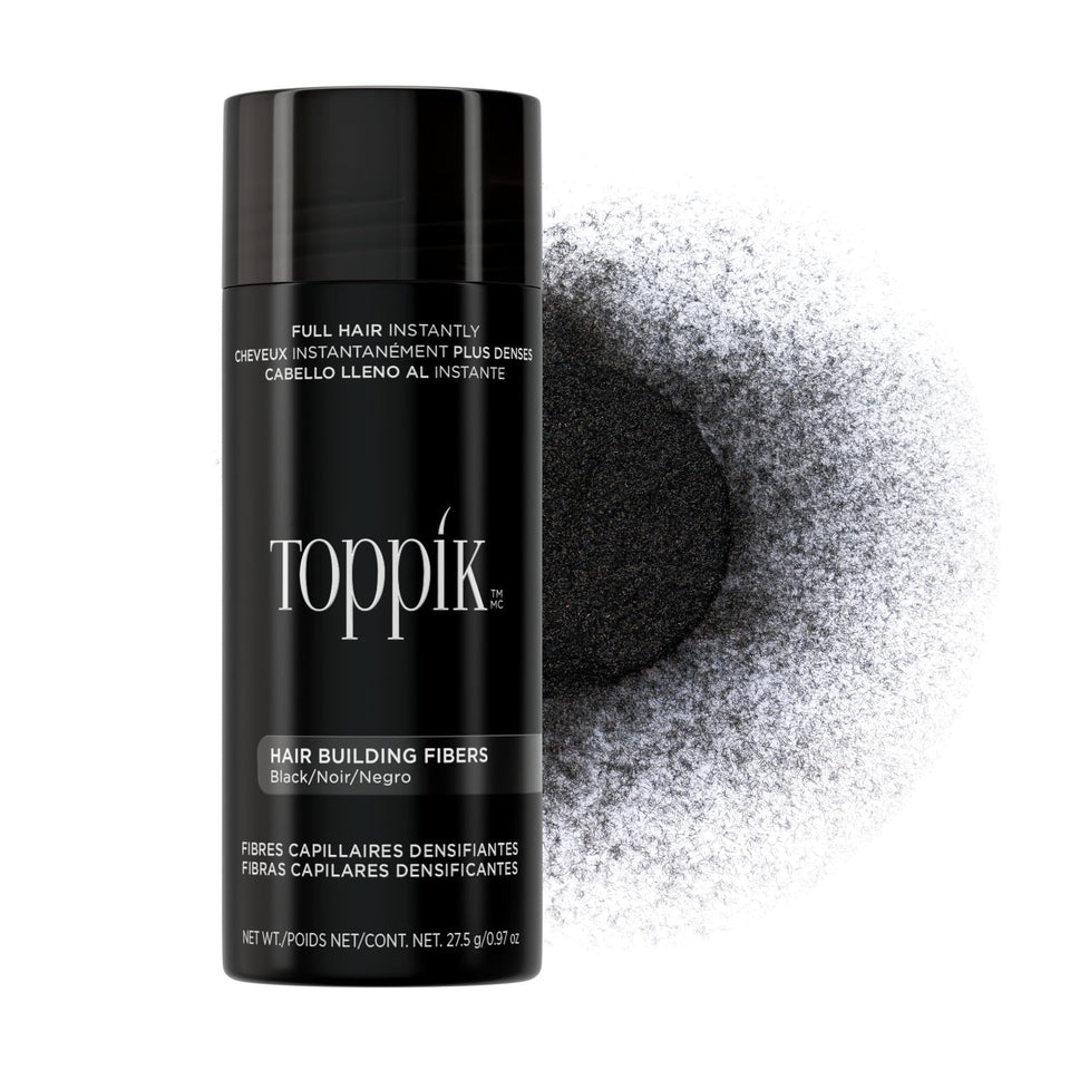 Toppik black bottle front view showing compact packaging and quick coverage