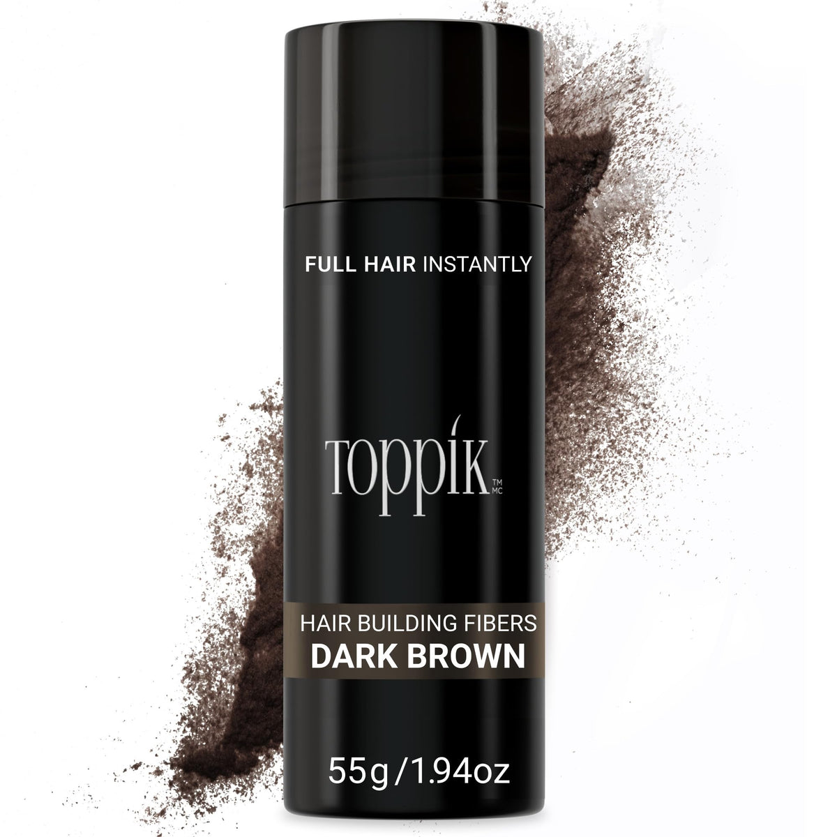 TOPPIK front packaging showing dark brown fibers and label benefits