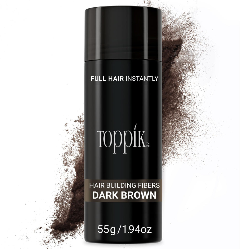 TOPPIK front packaging showing dark brown fibers and label benefits