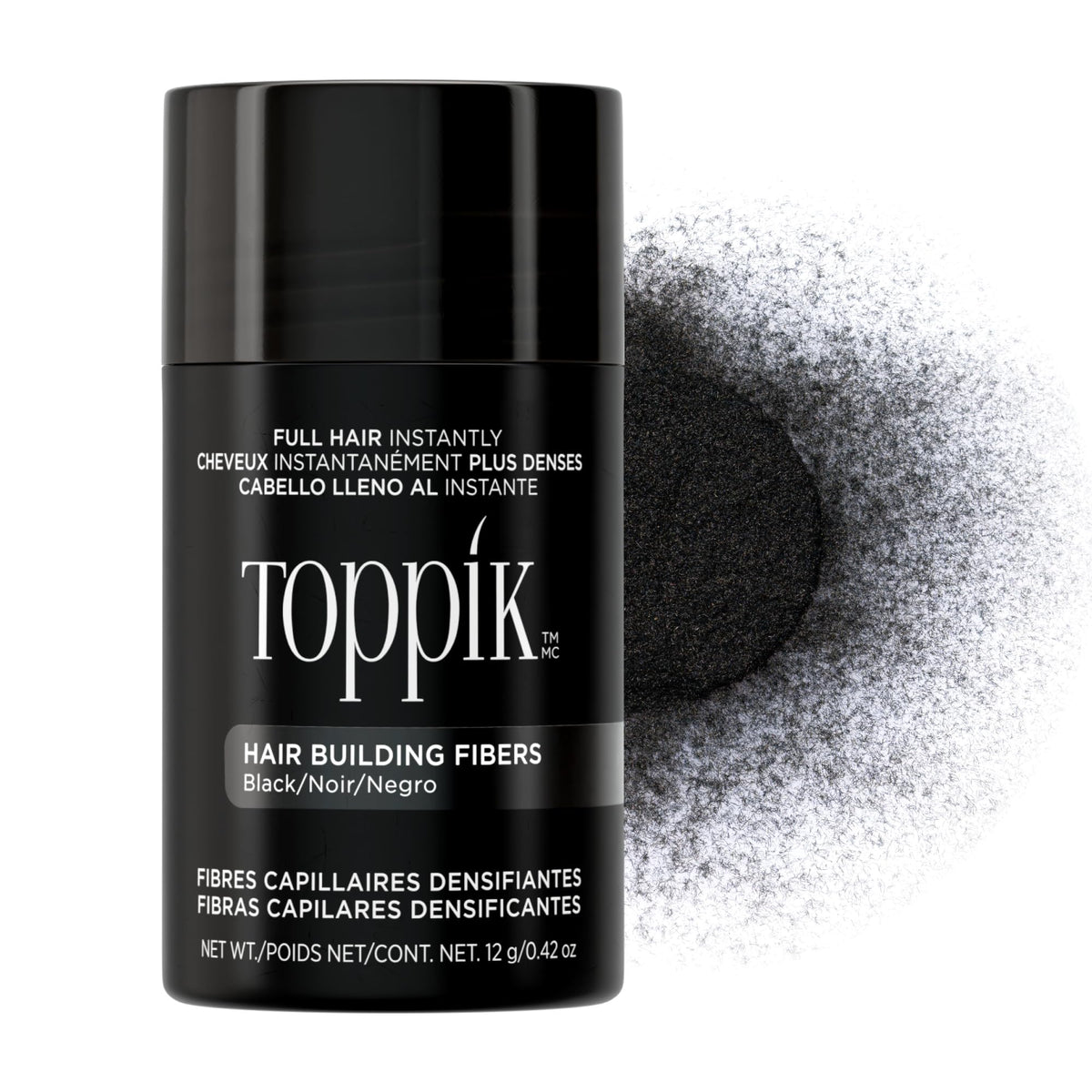 TOPPIK front packaging showing black fibers and benefits