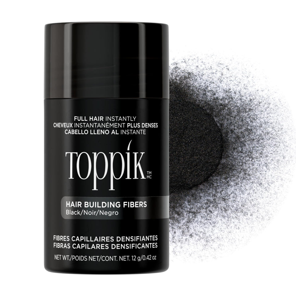 TOPPIK front packaging showing black fibers and benefits