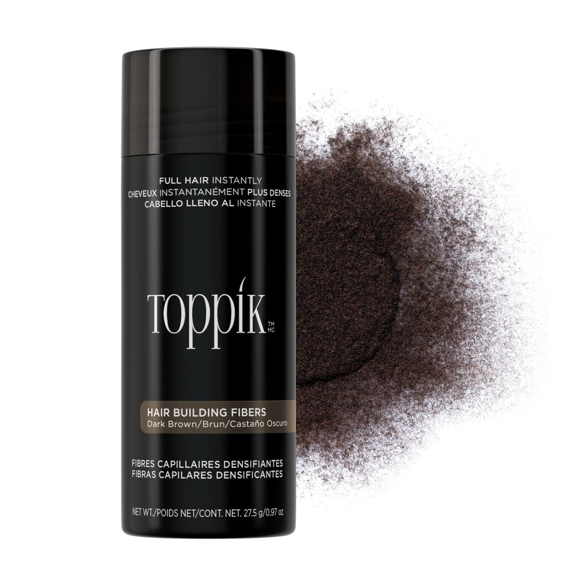 Toppik front packaging showing dark brown fibers for instant volume