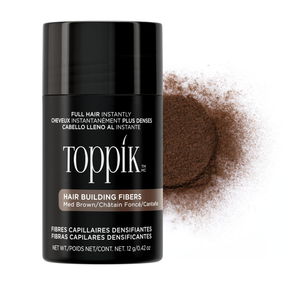 TOPPIK front packaging showing medium brown fiber container and benefit