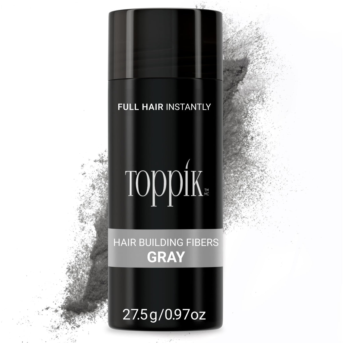 Toppik front packaging showing gray fibers and product branding for instant density