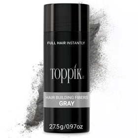 Toppik front packaging showing gray fibers and product branding for instant density