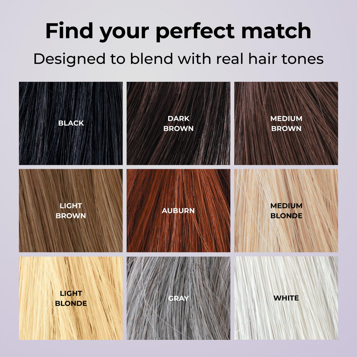 Gray fiber swatch on a single hair strand showing blend and seamless match