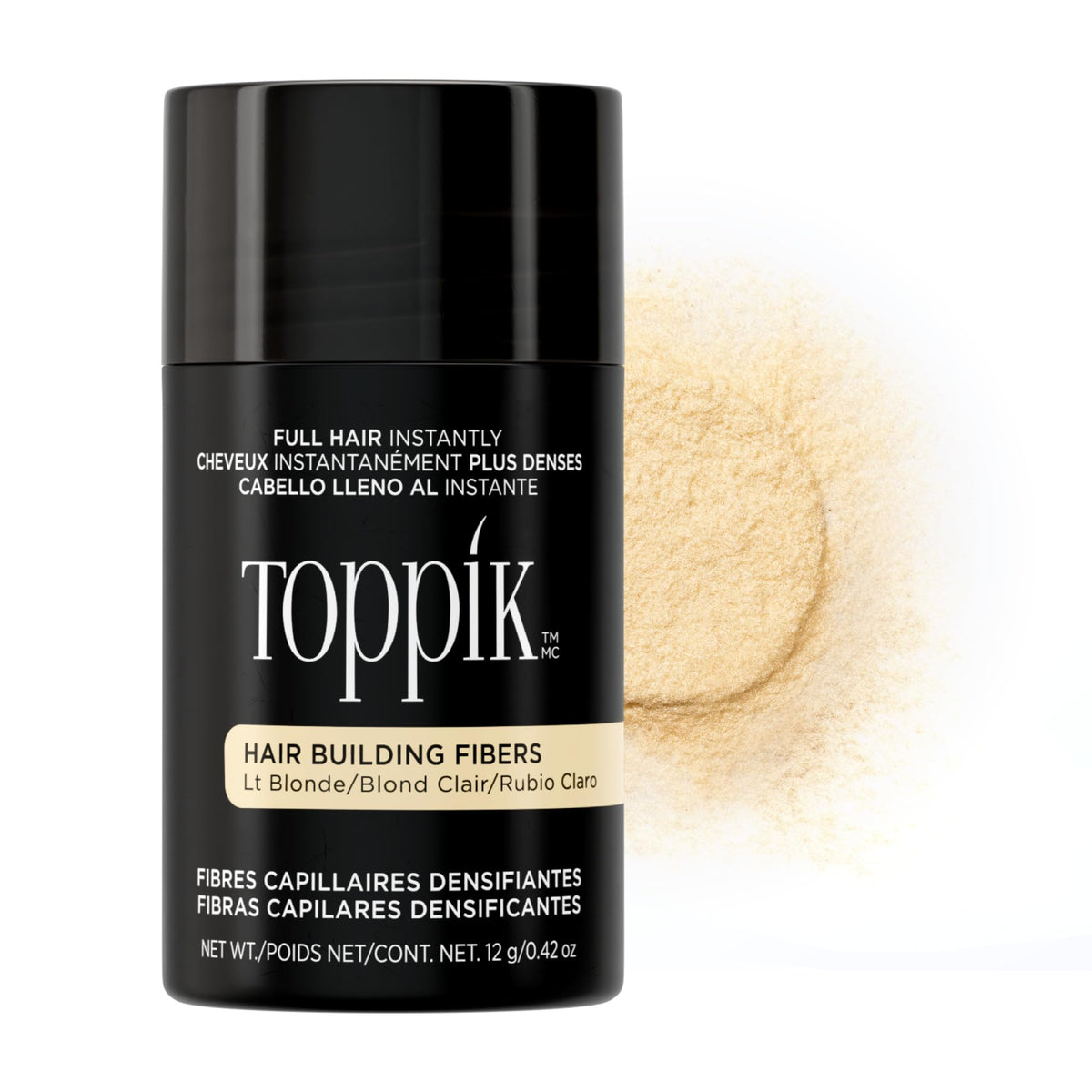 Toppik front packaging showing 12g bottle and clear benefit of instant fullness