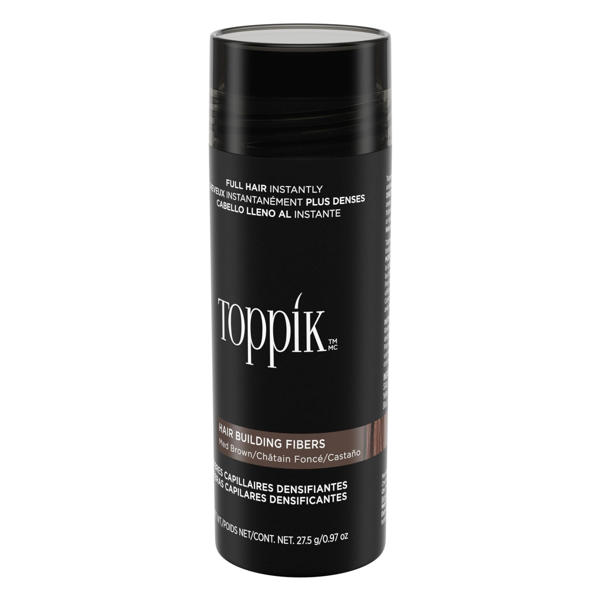 Toppik 27.5g container next to hand showing portable size benefit