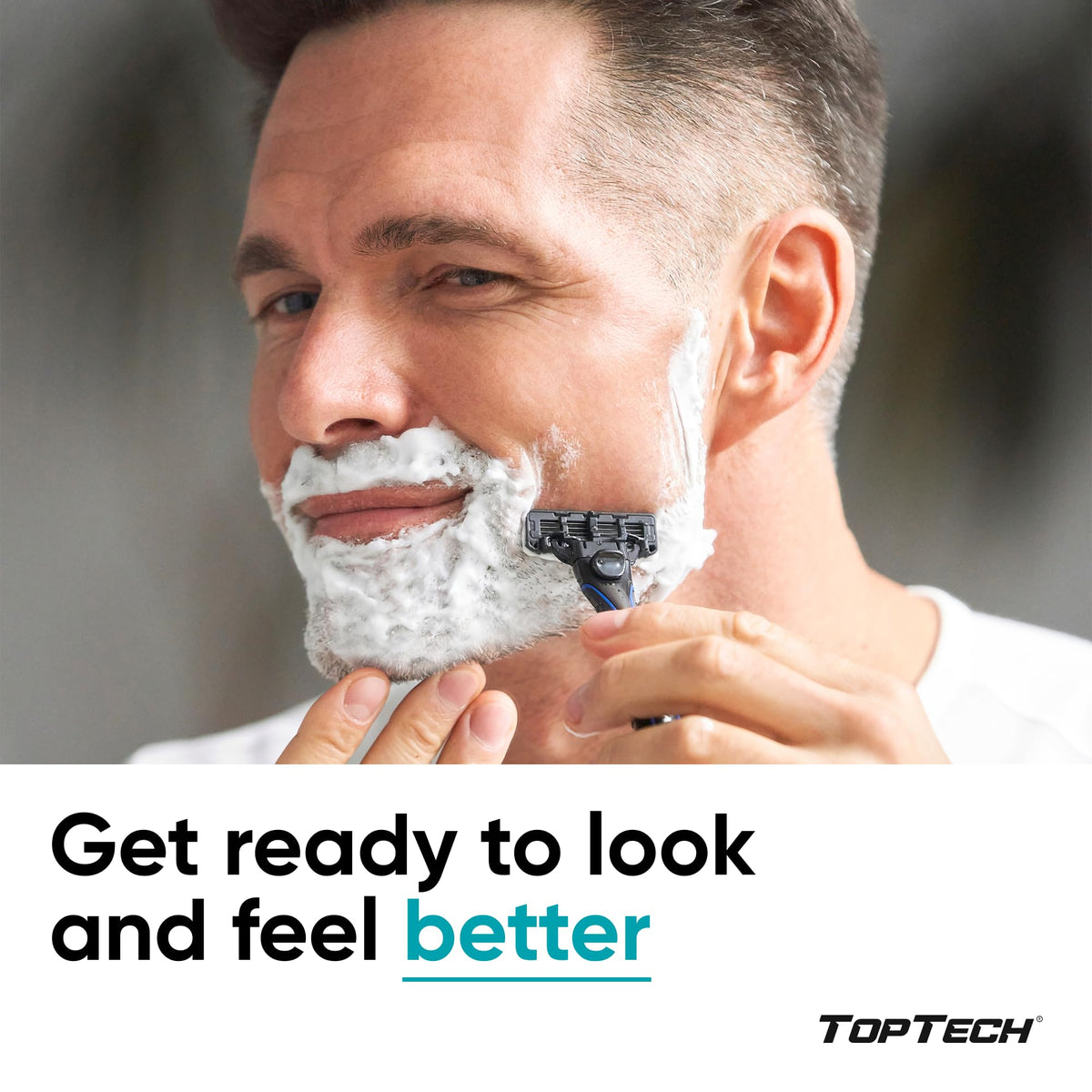 Toptech cartridge close-up showing three blades for a smooth shave