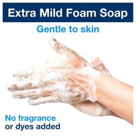 Tork foam dispensing into hand demonstrating quick lathering and easy rinsing benefit