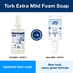Person applying Tork foam soap in restroom setting showing gentle feel and frequent-use suitability