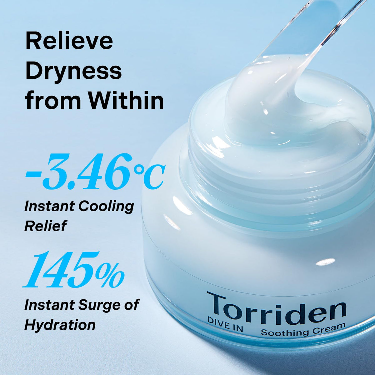 Torriden cream texture on fingertip demonstrating smooth barrier sealing