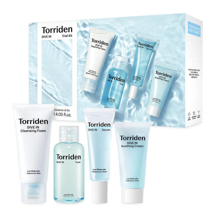 Torriden DIVE IN kit front packaging showing compact travel-ready set
