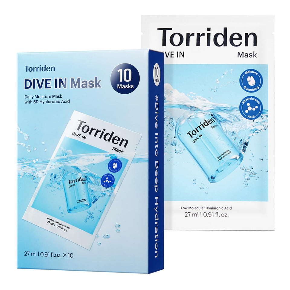 Torriden front packaging showing 10 sheets and product benefit of deep hydration