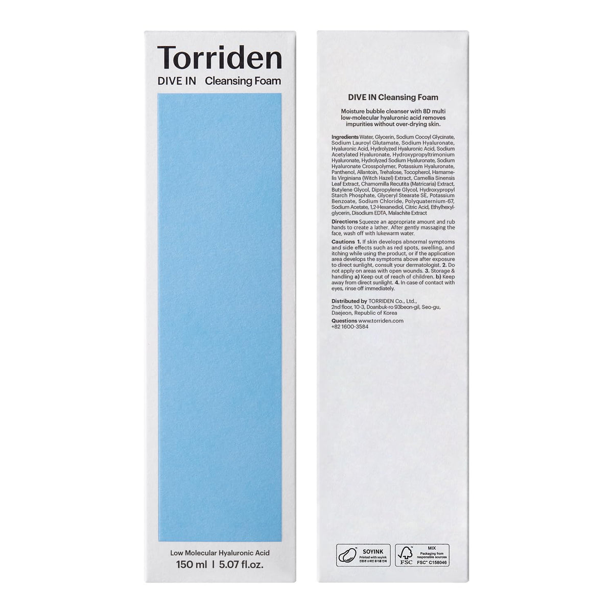 Torriden product and box flatlay showing vegan certification and eco packaging