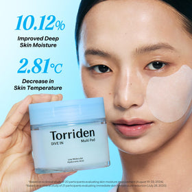 Torriden pad applied to cheek as spot mask to cool and soothe skin