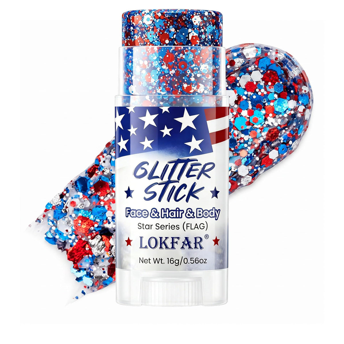 TOSOUATOP front packaging showing red white blue glitter sticks for quick patriotic looks