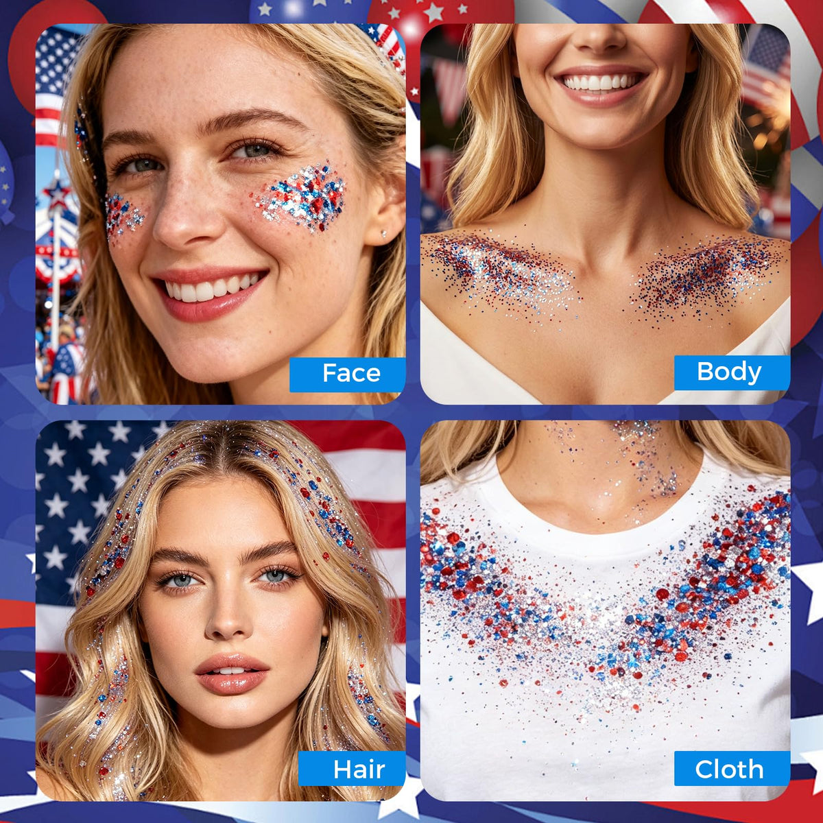 TOSOUATOP model wearing glitter on cheek showing bright festive face accent