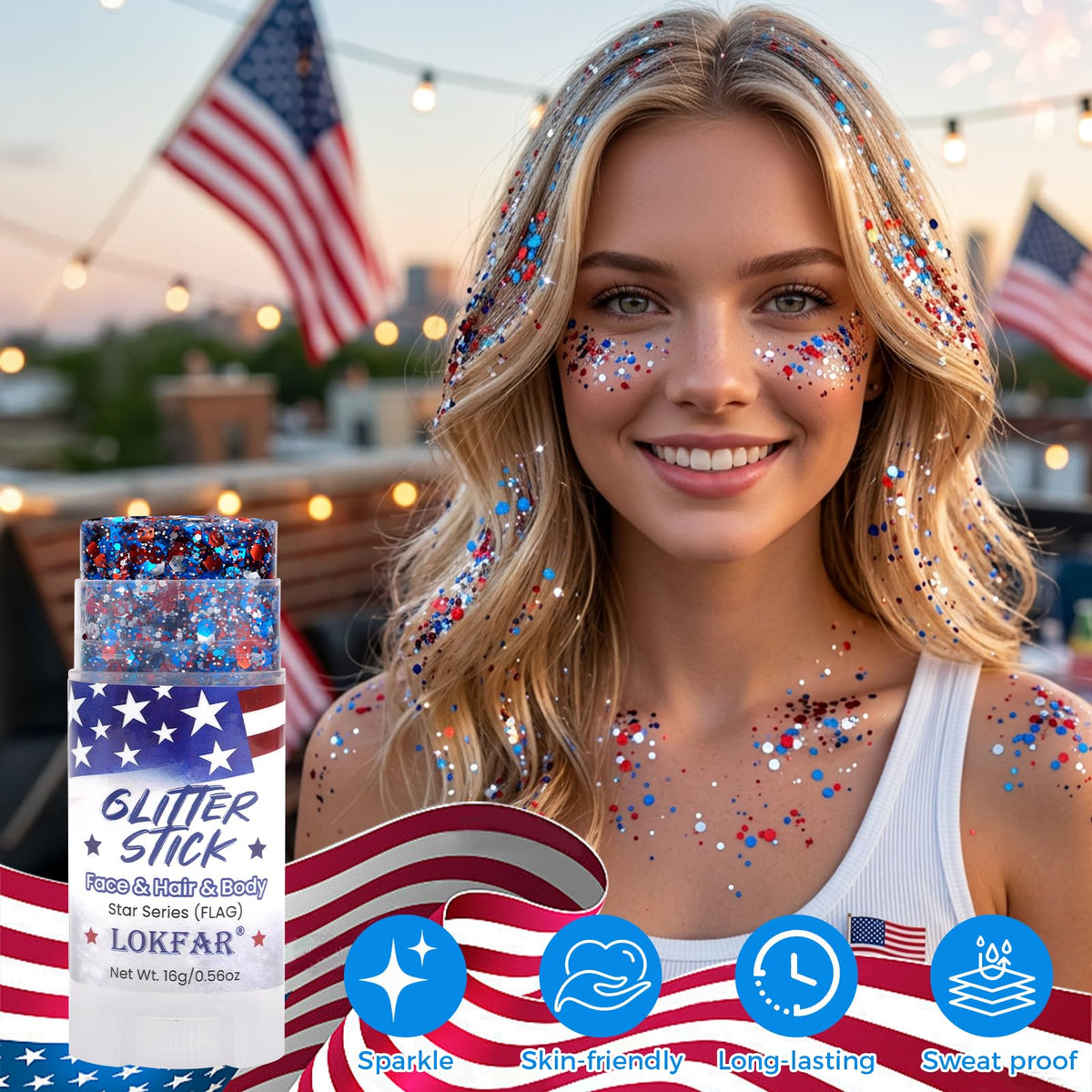 TOSOUATOP open glitter sticks displayed red white blue for easy, portable application