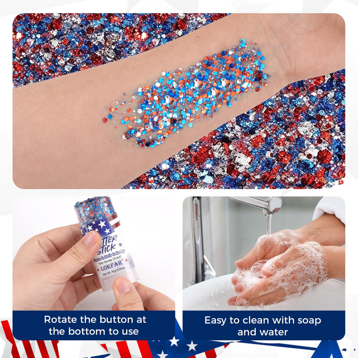 TOSOUATOP size comparison next to a hand to show compact travel-friendly glitter sticks