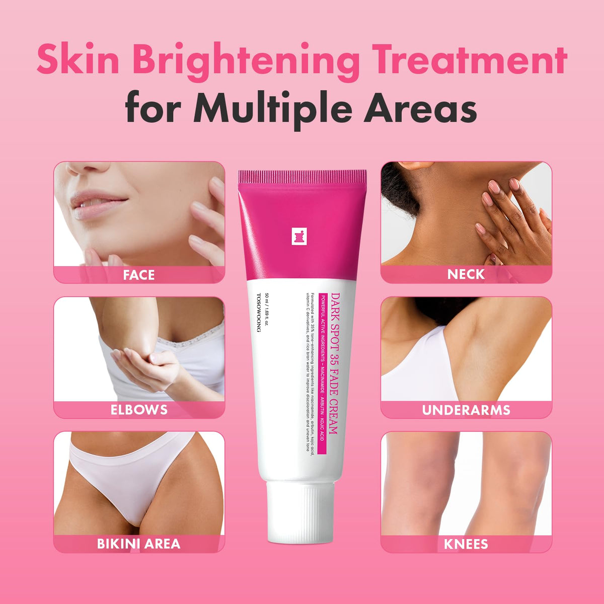 TOSOWOONG being applied to face and neck demonstrating targeted brightening benefit