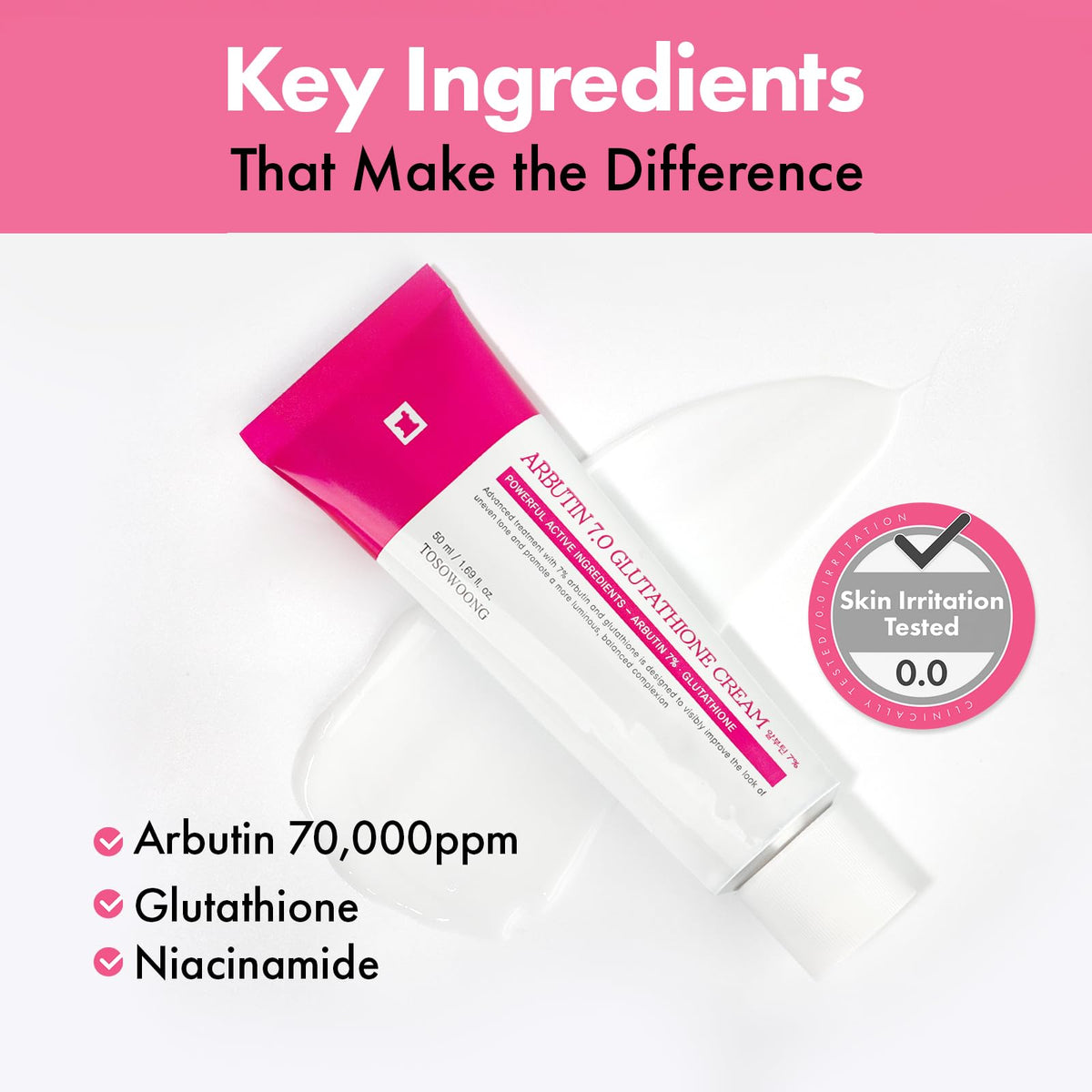 TOSOWOONG ingredient visual with arbutin and glutathione indicating targeted brightening