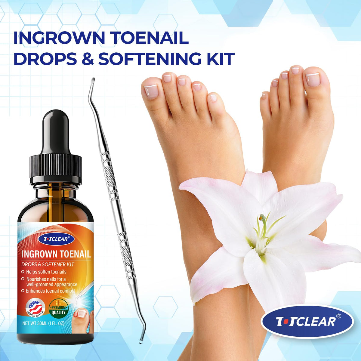 TOTCLEAR texture of drops on skin showing lightweight, mess-free application