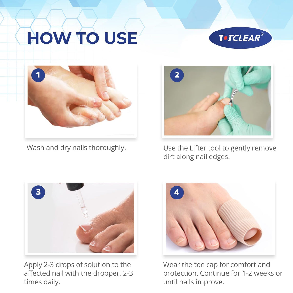 TOTCLEAR tool in use gently lifting nail edge for safer home care