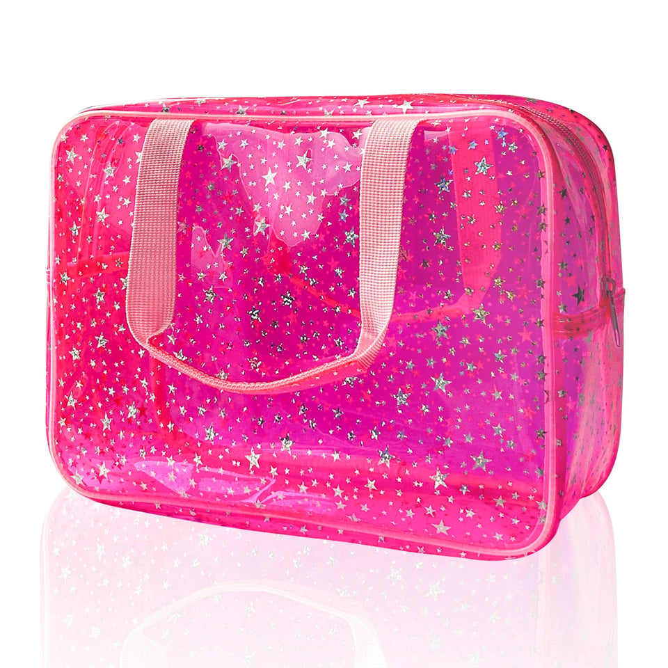 TotePrint front view showing hot pink star design and clear PVC for quick visibility