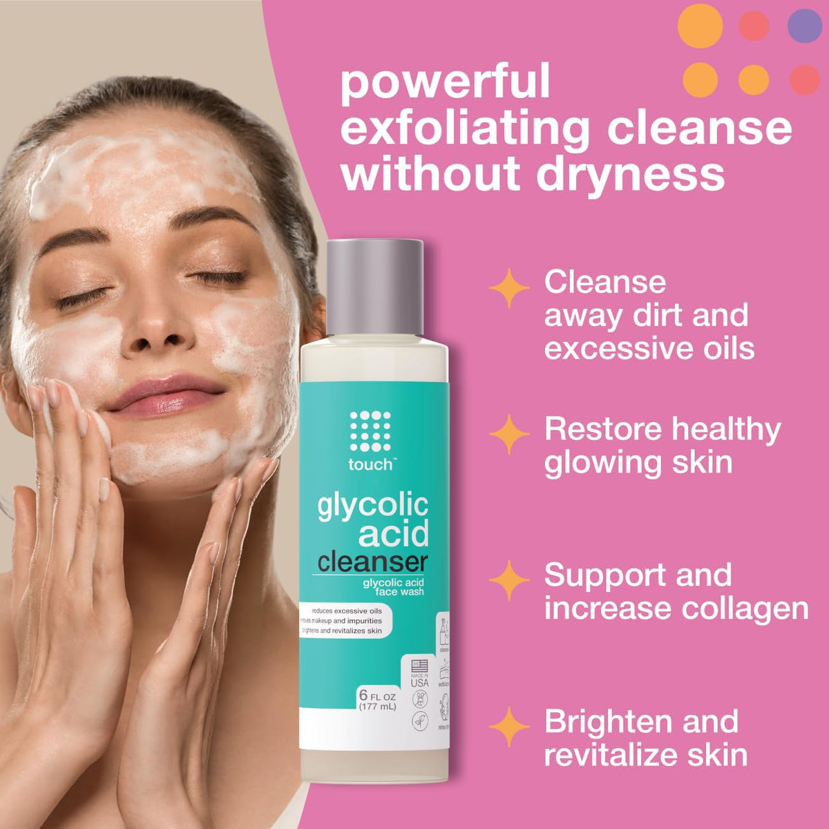 TOUCH label close-up highlighting glycolic strength and low pH benefit