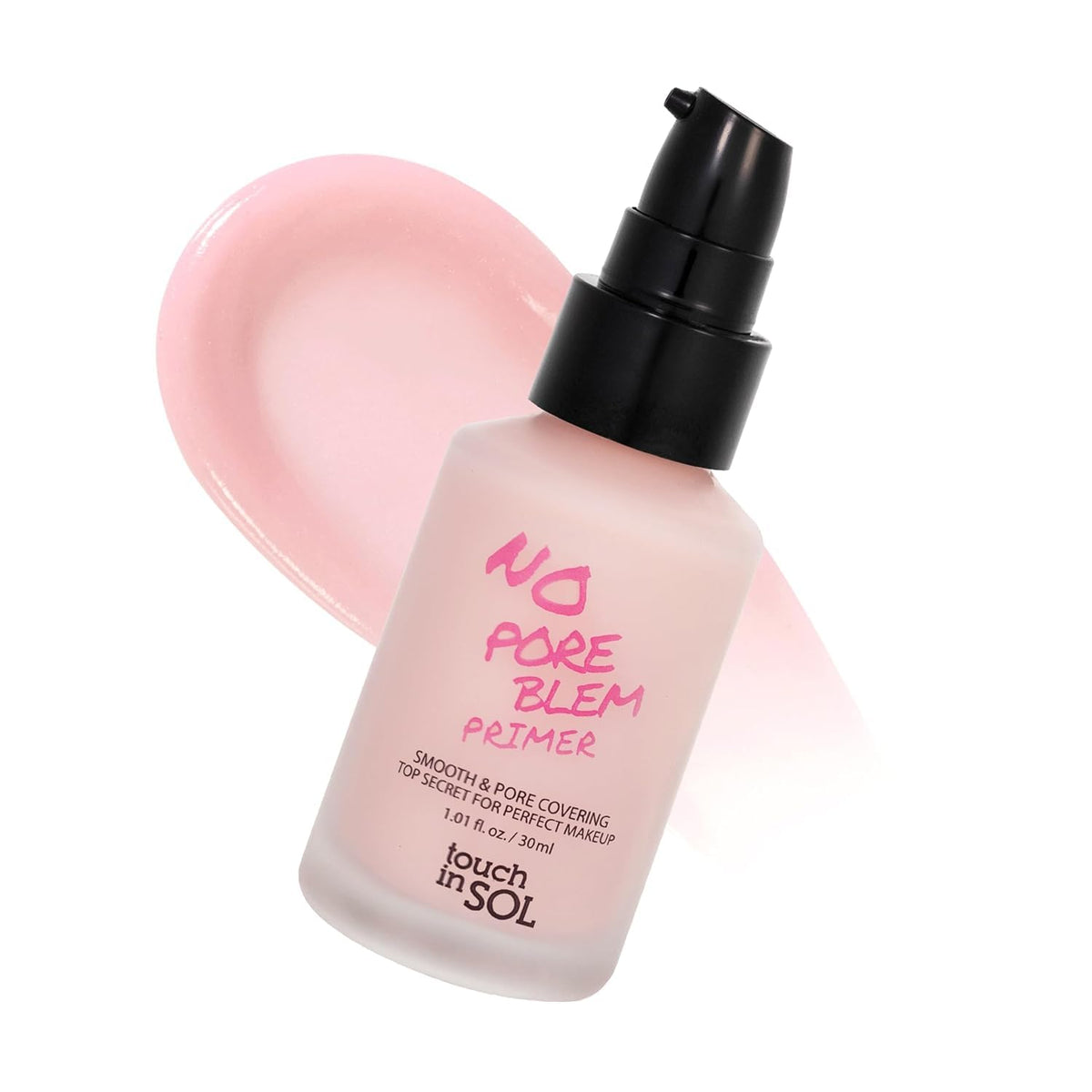 TOUCH IN SOL front packaging showing sleek primer bottle and clear label benefits