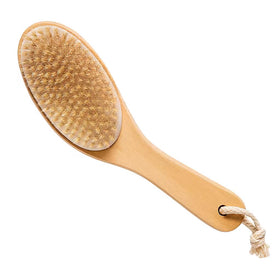 Touch Me front view of body brush showing head and wooden handle for easy exfoliation